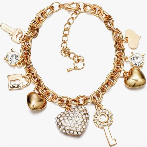 Heart charm bracelet with crystals keys hearts 7” + 2” extend - Picture 2 of 4